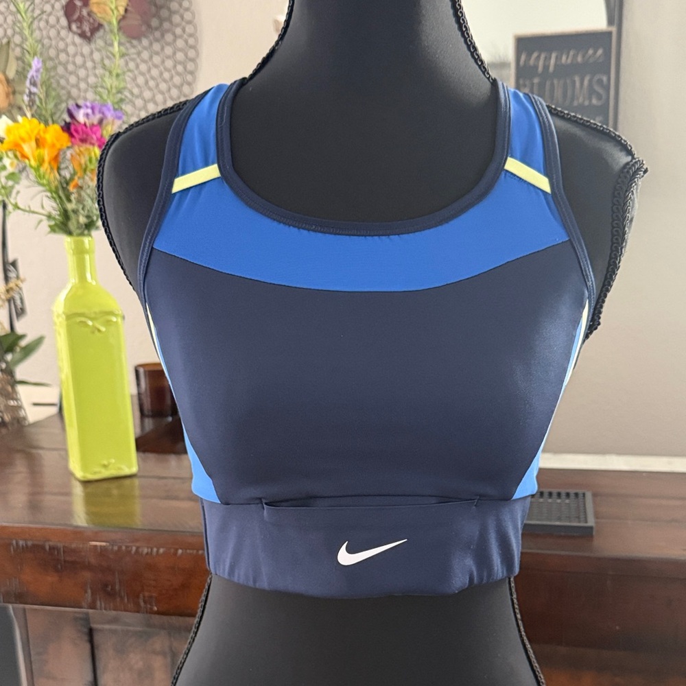 Nike Navy Blue and Royal Blue Sports Bra with Yellow Accents
